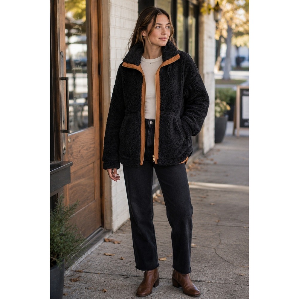 Summersalt The Coziest Fleece Jacket Black Caramel Recycled Teddy Zip Up Medium